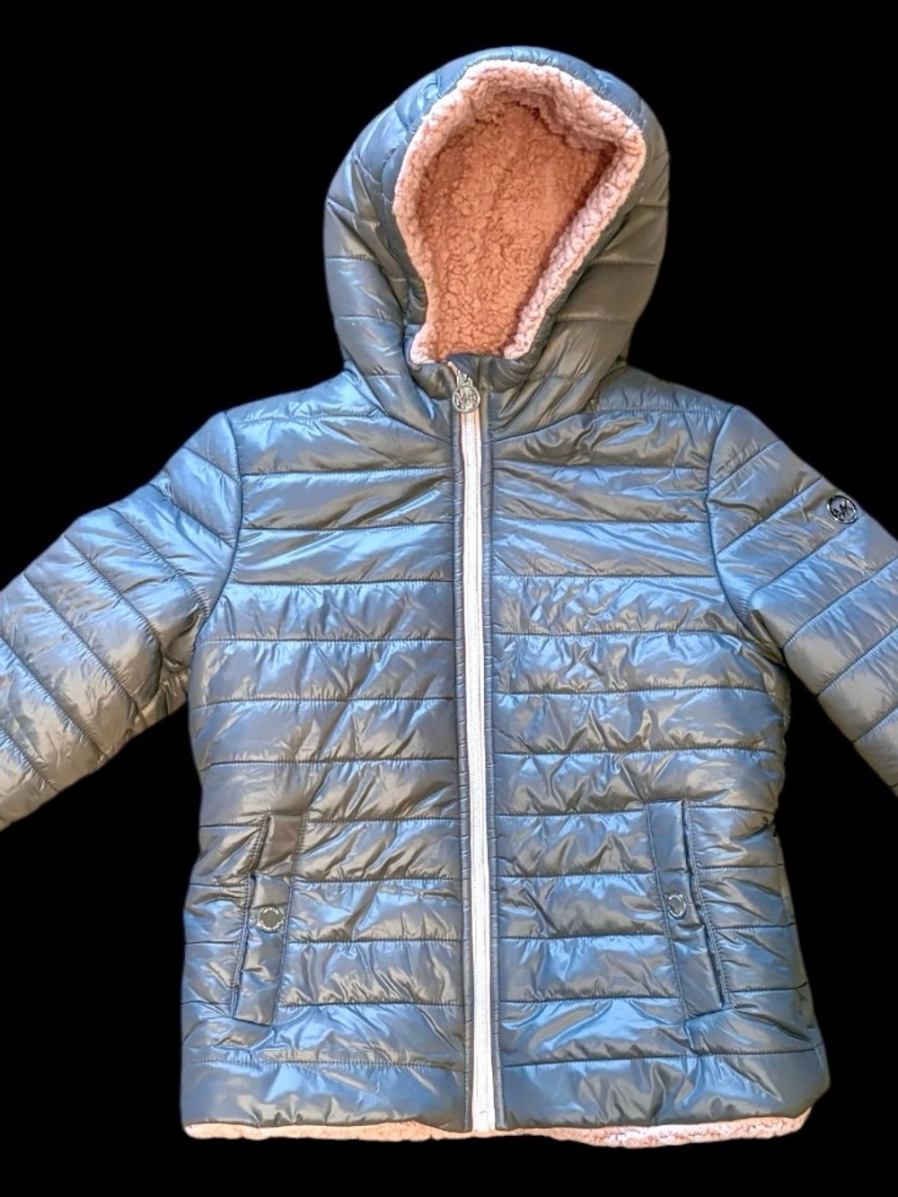 MICHAEL KORS Girls 10/12 Gray & Pink Puffer Jacket Hooded Coat Sherpa Lined Cozy